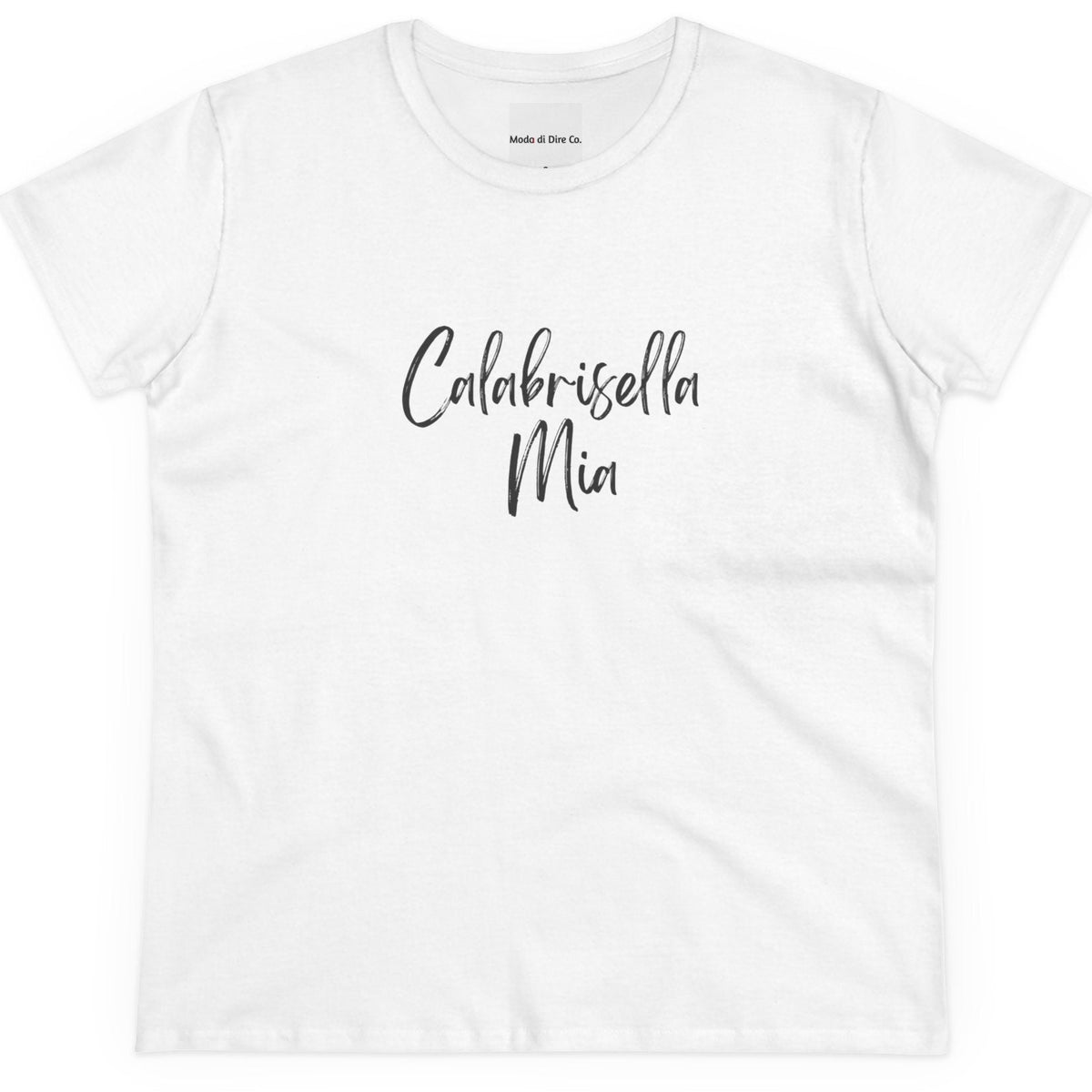 White t-shirt with 'Calabrisella Mia' text on a white background